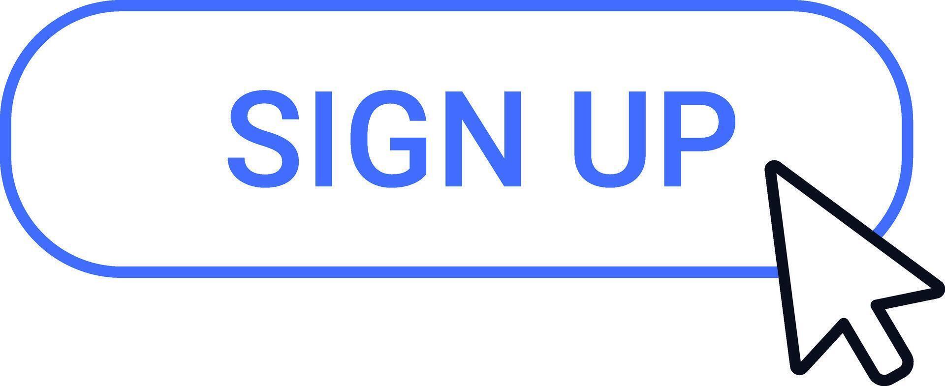 Mouse cursor clicking a blue sign up button on a white background, symbolizing online registration, new account creation, and subscription to services vector