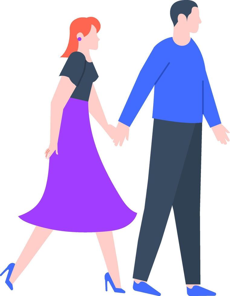Young redhead woman wearing a purple skirt walking hand in hand with an elegant man, embodying love, affection, and a deep emotional connection in their joyful relationship vector