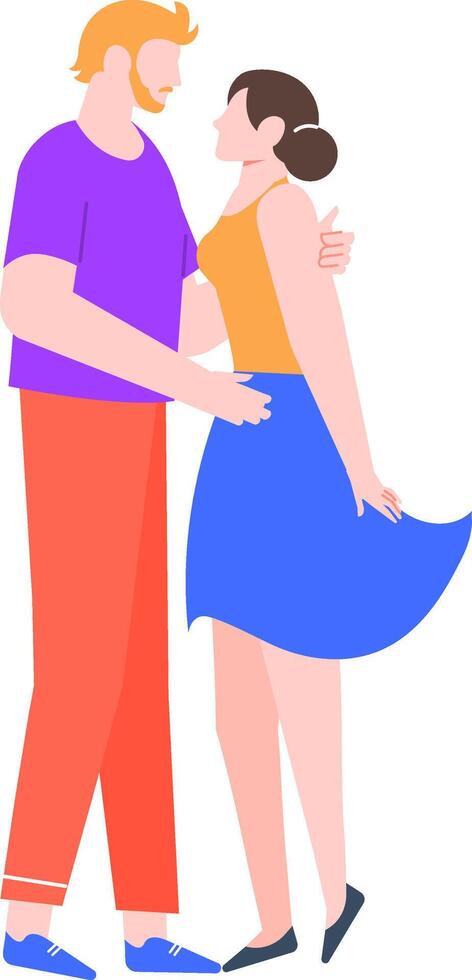 Colorful illustration depicting a romantic couple embracing. The man and woman are shown in a stylized, modern art style, conveying love and affection in a minimalist design vector