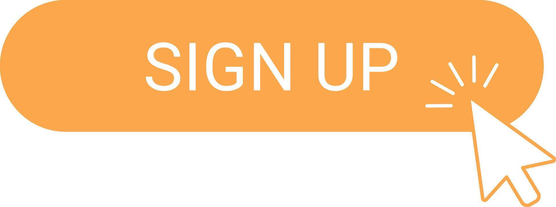 Mouse cursor clicking an orange rounded rectangle sign up button with sparks coming out, encouraging users to register and join a platform or service vector