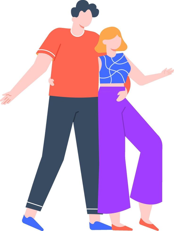 Young man and woman are standing together with arms around each other, gesturing with open hands and smiling, suggesting a welcoming or inviting attitude vector
