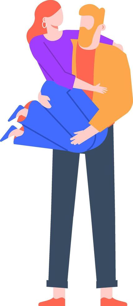 Colorful illustration of a couple sharing a joyful embrace. The woman is lifted by the man, symbolizing love and happiness. Both figures are depicted in a modern, minimalist style vector