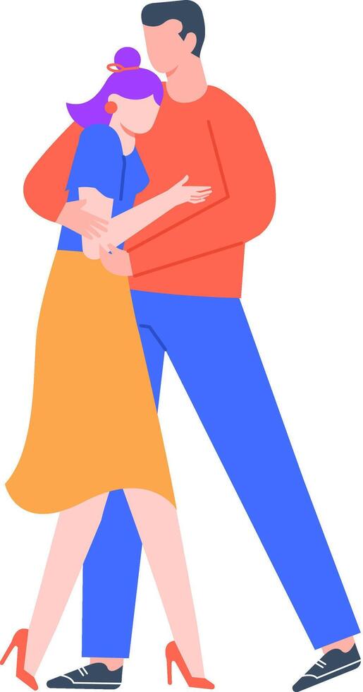 Colorful illustration of a couple embracing, showcasing love and affection. The man and woman are depicted in bright, modern clothing, highlighting a sense of warmth and connection vector