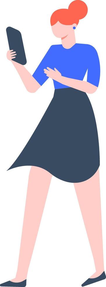 Young woman office worker holding tablet device walking and using mobile apps, online shopping or social media, flat illustration isolated on white background vector