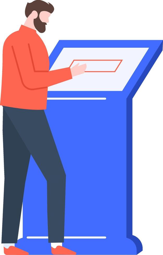Bearded man using self service interactive touchscreen information kiosk terminal, accessing information or making payment, modern technology concept vector