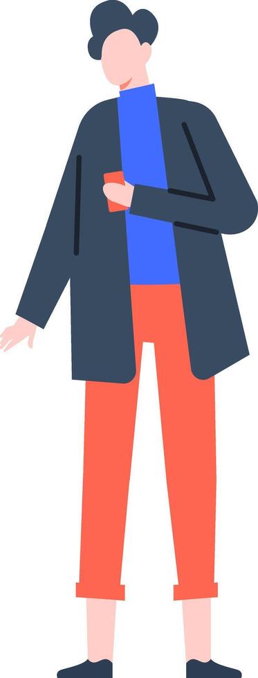 Full length illustration of a young male character wearing casual clothes, holding a smartphone in one hand, walking and looking ahead, isolated on a white background vector