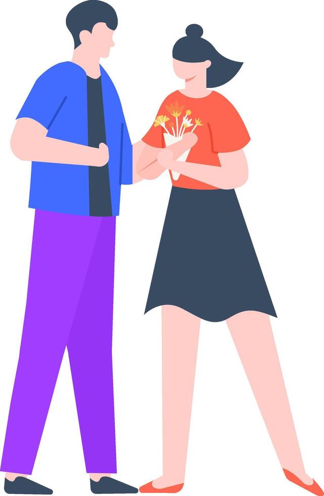 Young man presenting a vibrant bouquet of flowers to a young woman, celebrating their anniversary or another meaningful occasion filled with love and romance vector