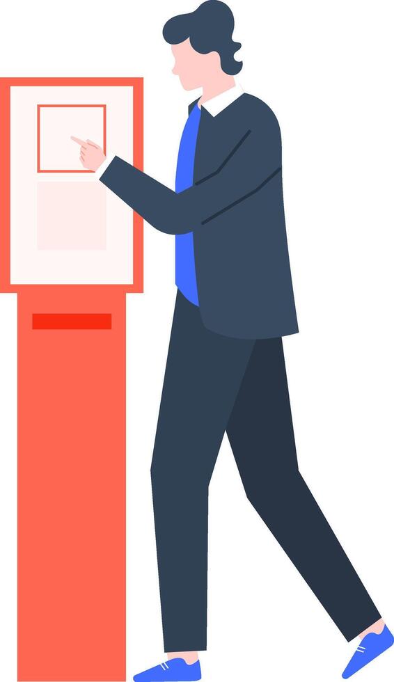 Business professional engaging with a digital kiosk, illustrating modern technology use in public spaces. The interaction highlights convenience and efficiency in accessing information vector
