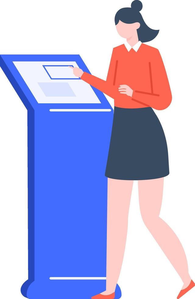 Businesswoman using interactive kiosk with large touchscreen interface selecting information or using self service payment terminal, illustration vector