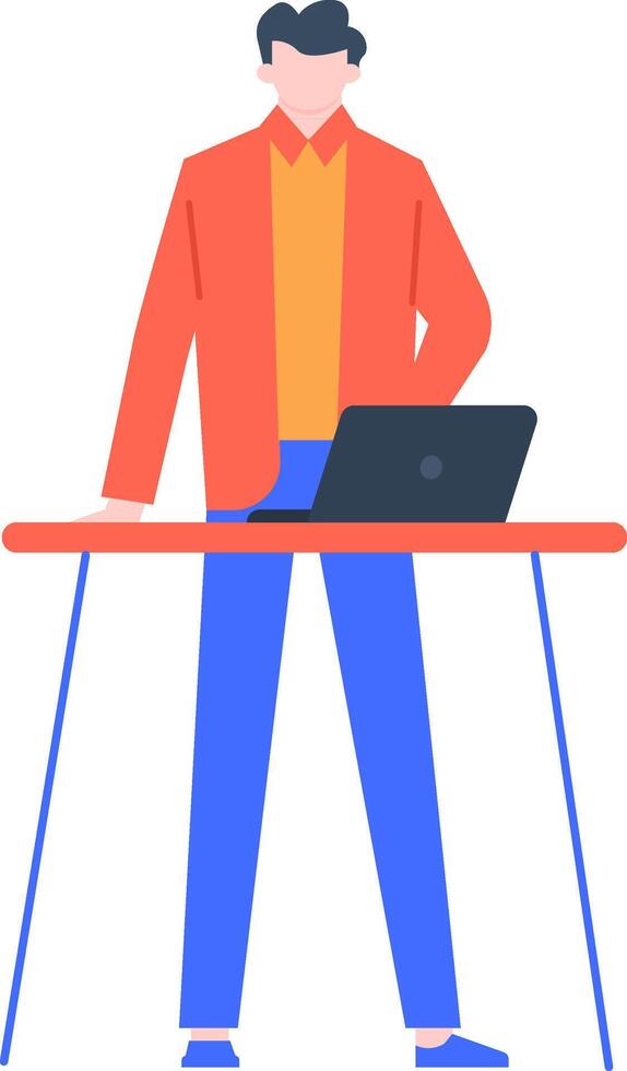 Modern office worker standing at a high desk with a laptop, showcasing efficiency and contemporary work practices in a vibrant, collaborative environment vector