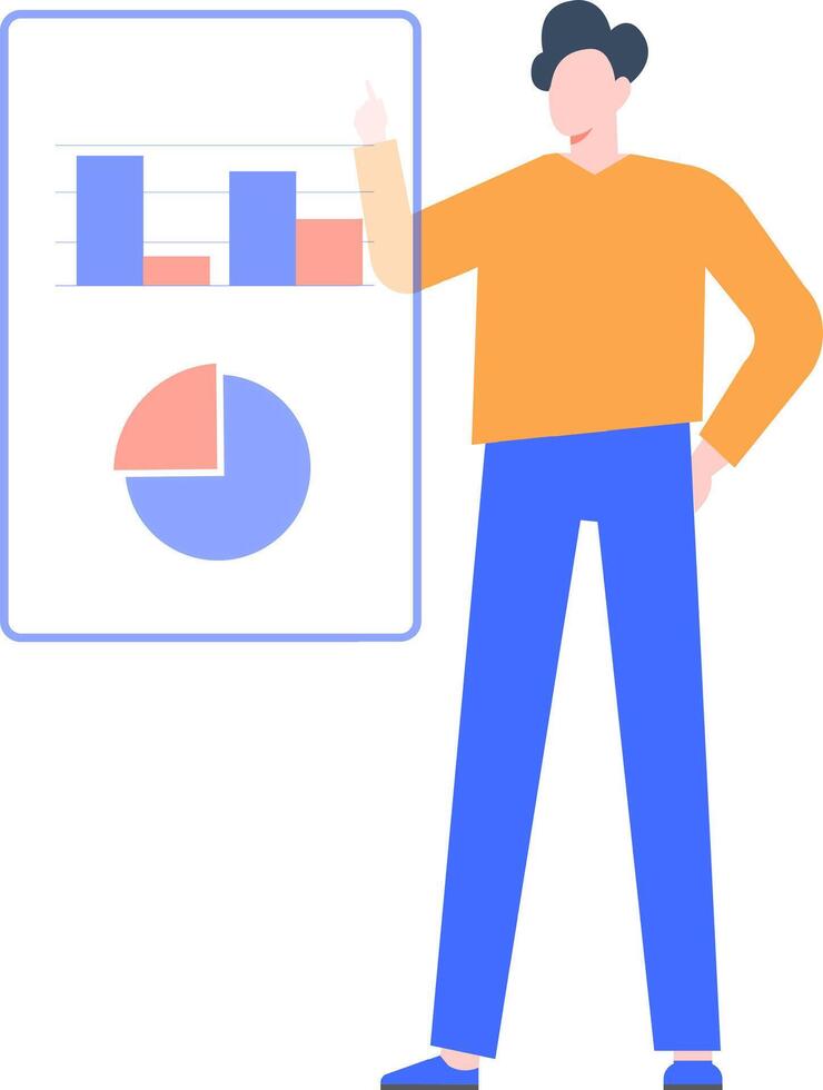 Businessman showing bar graph and pie chart, presenting financial report, analyzing statistical data, explaining business strategy, or planning marketing campaign vector