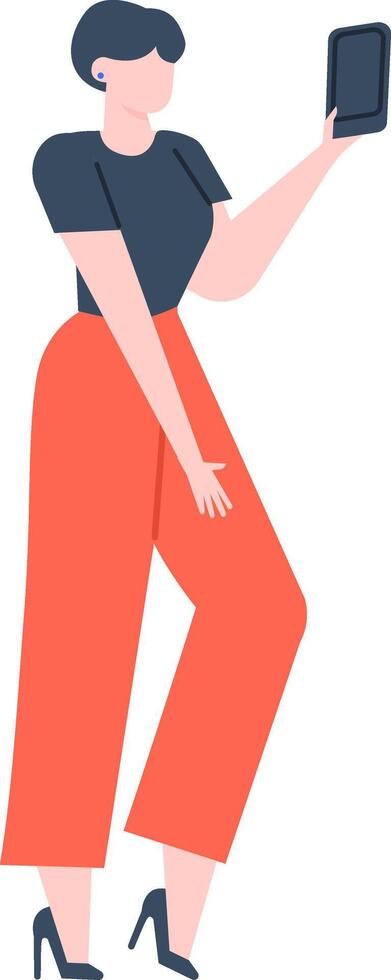 Modern flat illustration featuring a young woman standing and using a smartphone, holding the mobile device while engaging with social media on a clean white background vector