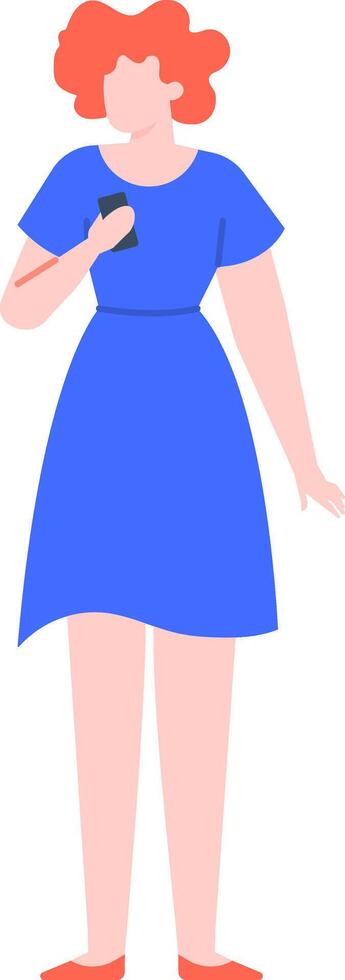 Redhead woman holding a smartphone close to her chest, dressed in a stylish blue dress and vibrant red shoes, standing confidently in a modern flat illustration on a white background vector