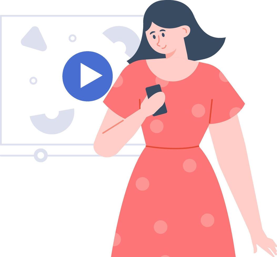 Young woman holding a smartphone while watching a lesson on a monitor, engaging in online education and e learning, depicted in a flat illustration vector