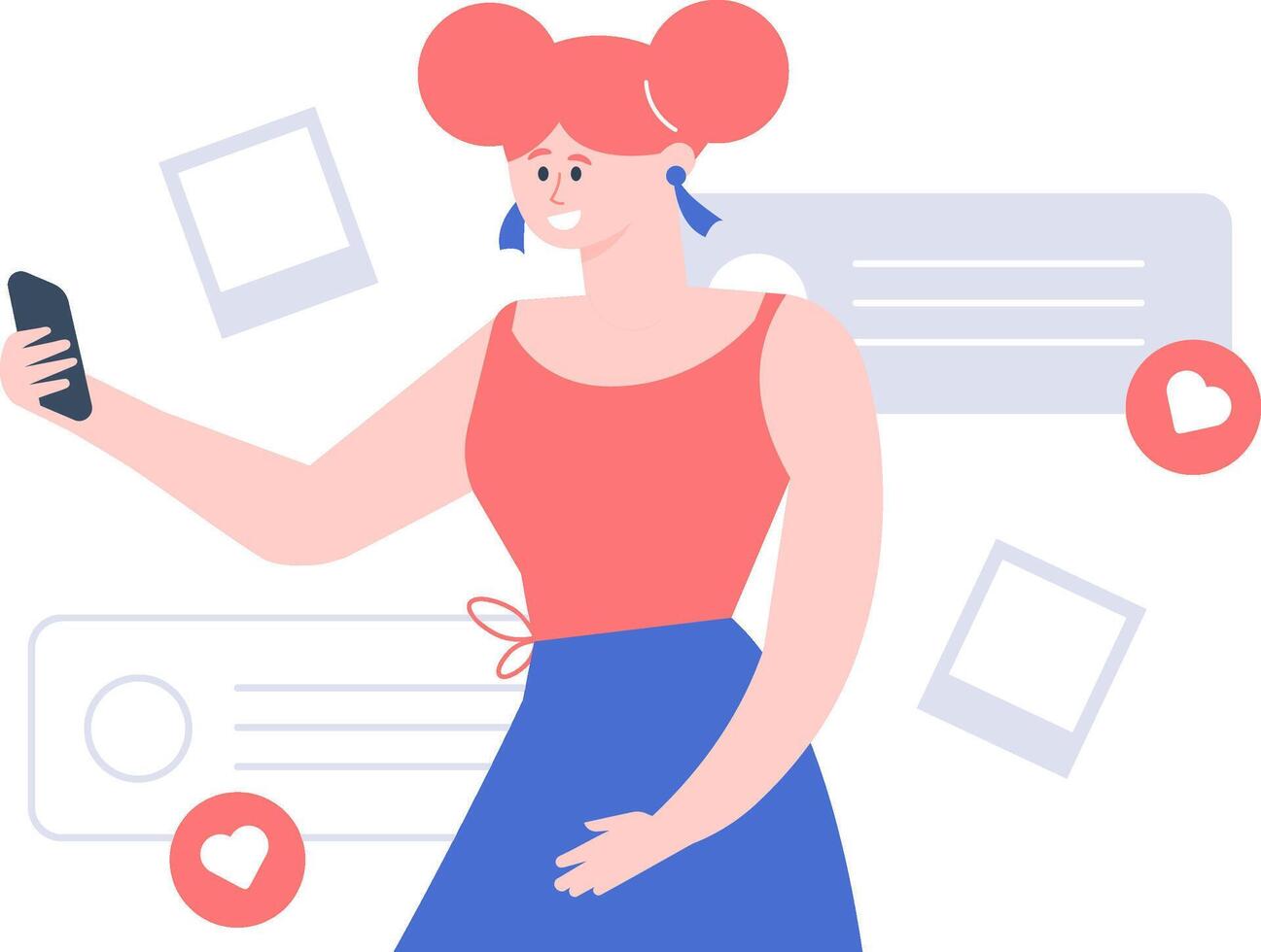 Influencer capturing content for an online community, taking photos and videos with a smartphone, sharing on social media, and engaging with followers through likes and comments vector