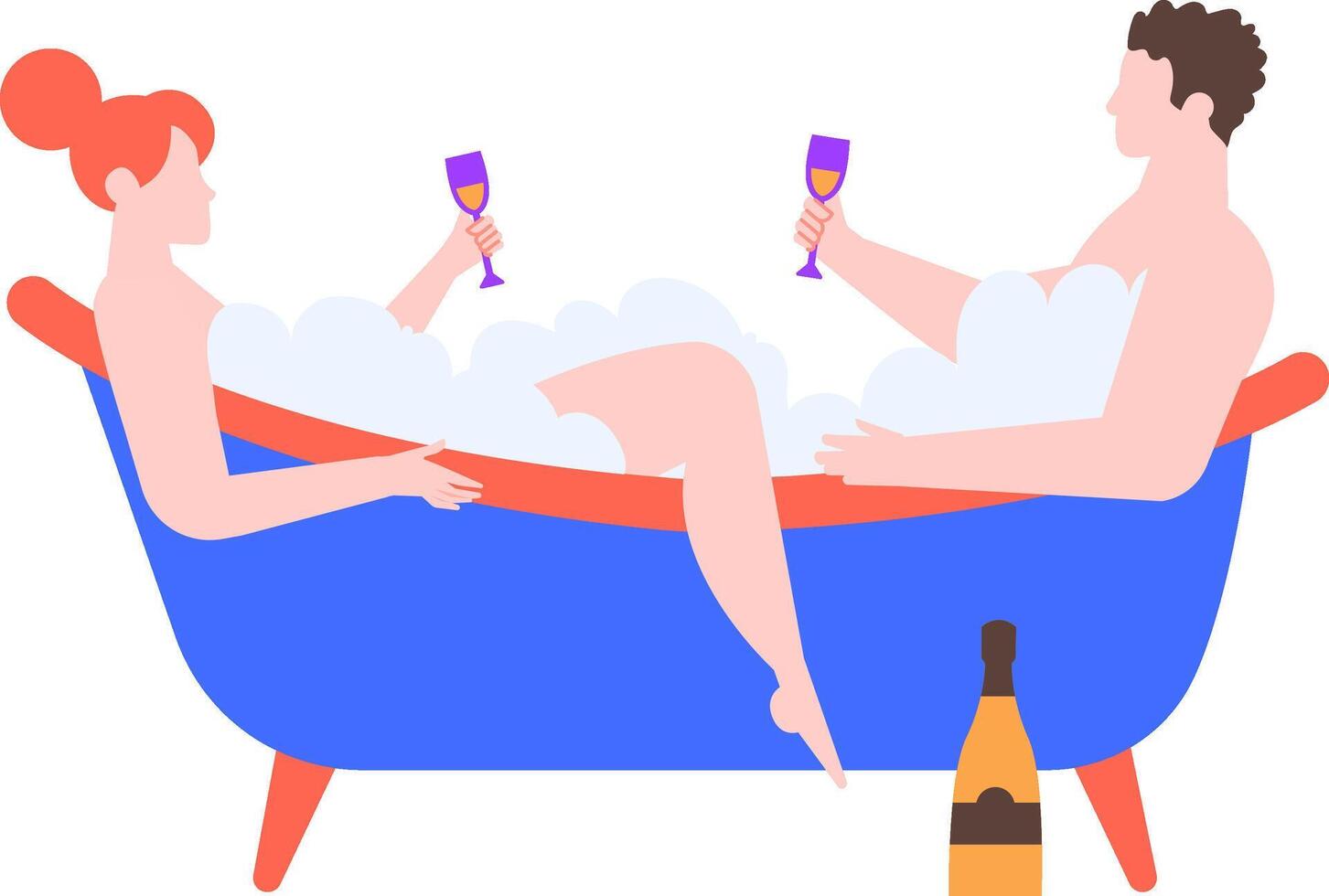 Romantic couple relaxing in a luxurious bathtub filled with foam, toasting with sparkling wine, and savoring a delightful moment of wellness and togetherness at home vector