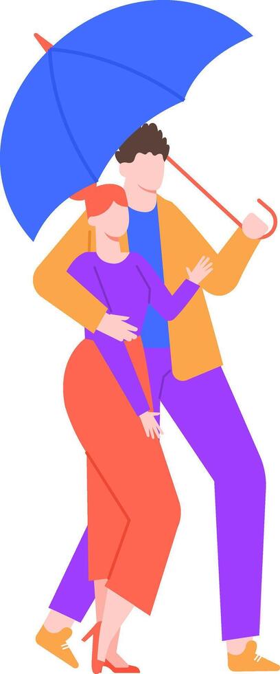 Young loving couple walking under umbrella in rainy weather, man holding umbrella and hugging woman, romantic relationship and love concept, colorful illustration vector