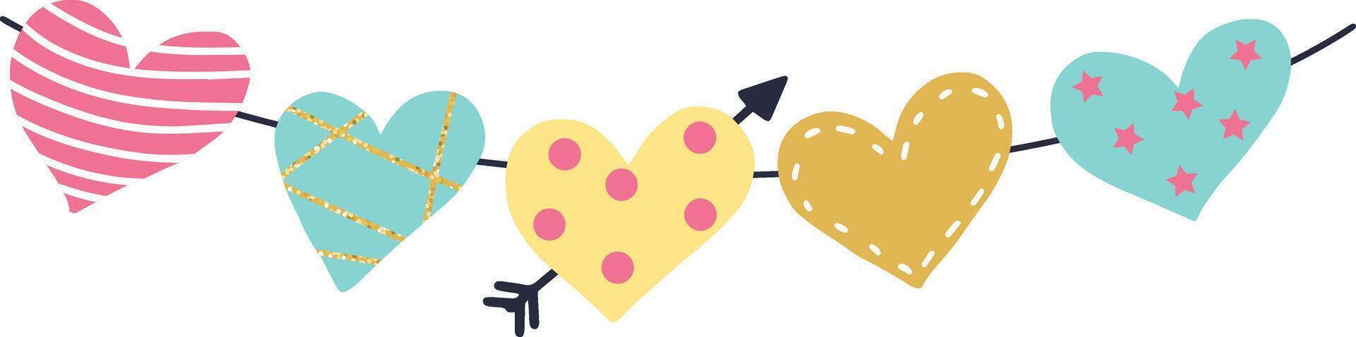 Five colorful hearts with different patterns and textures are hanging from a black string, pierced by two Cupid's arrows, creating a cheerful and romantic atmosphere vector