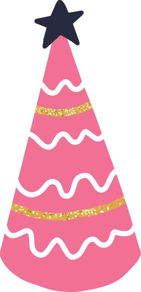 Pink festive party hat with golden glitter stripes and a dark blue star celebrating a birthday party or special occasion, adding a touch of fun and whimsy to the celebration vector