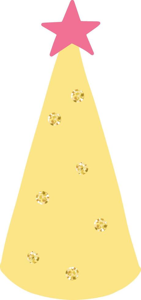 Minimalist illustration of a yellow christmas tree with a pink star at the top and several golden glitter decorations, celebrating christmas time and new year's eve vector