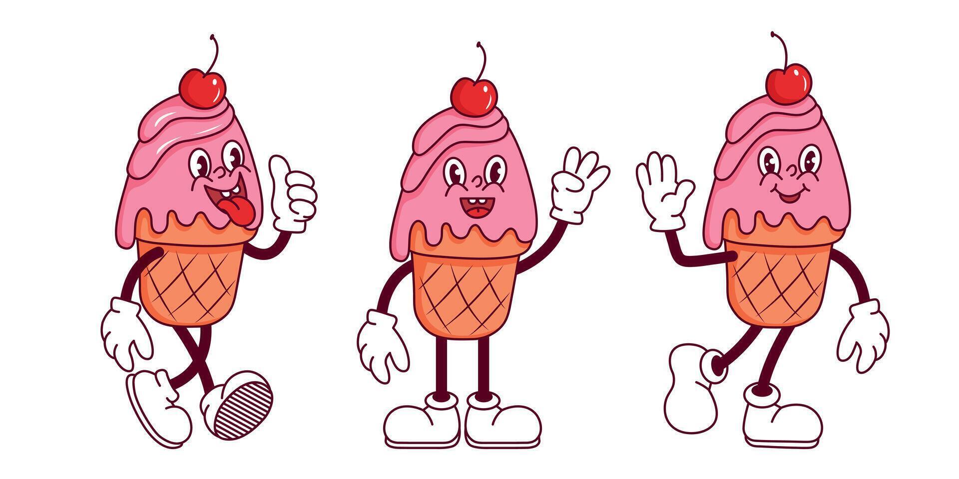 Fun animated ice cream characters showcasing different expressions and activities in a playful design vector