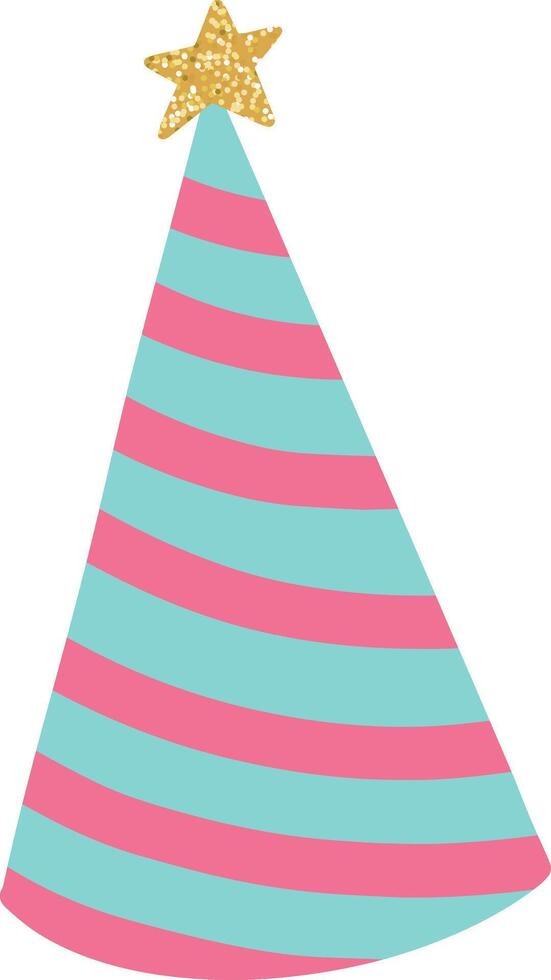 Pink and light blue striped birthday party hat with golden star topping isolated on white background, representing celebration, joy, and festive occasions vector