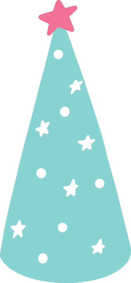 Minimalist illustration of a light blue christmas tree with white snowballs and stars decorations and pink star on top, representing christmas celebrations and winter holidays vector