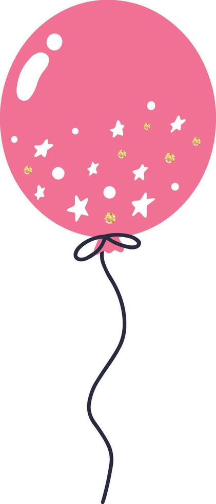 Pink balloon floating gracefully among white stars and shimmering gold glitter decorations, creating a delightful atmosphere for parties, birthdays, celebrations, or any festive event vector
