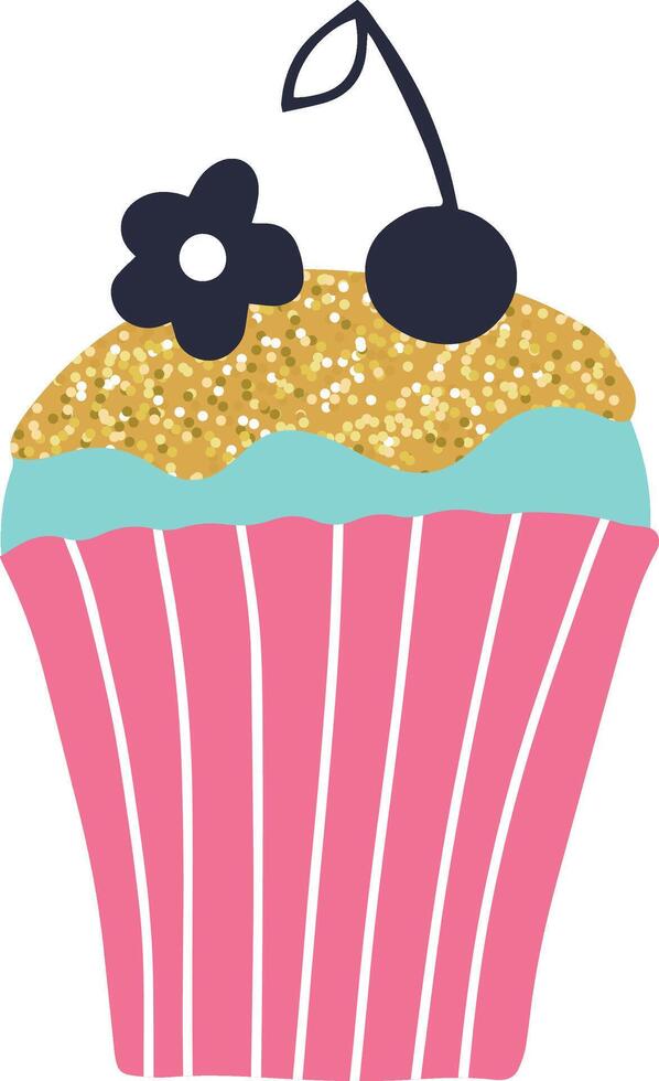 Light blue frosted cupcake decorated with gold glitter, a black cherry, and a simple black flower sits in a pink striped wrapper, ready for a party or birthday celebration vector