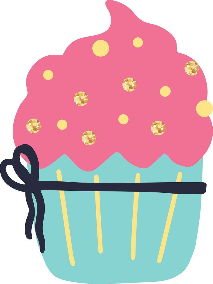 Light blue cupcake topped with pink icing, adorned with yellow and golden sprinkles, and featuring a dark ribbon, isolated on a white background vector