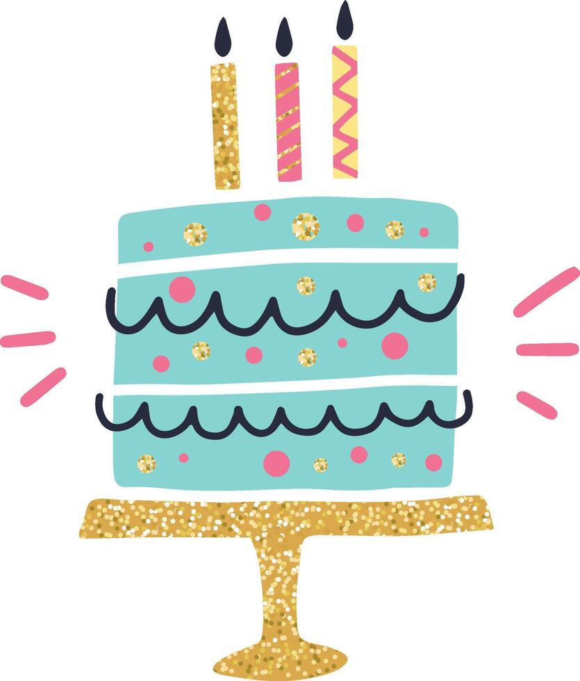 Turquoise birthday cake featuring three lit candles, resting on a golden stand, boasts delightful pink and gold sprinkles along with wavy frosting, perfect for celebrations vector