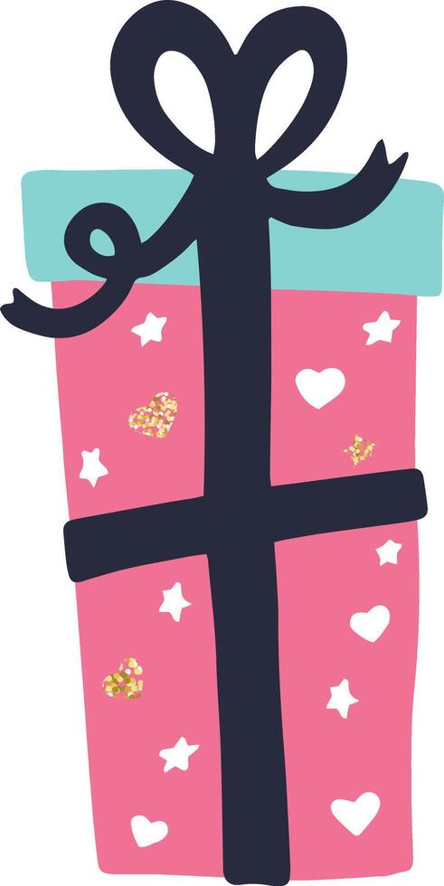 Charming pink gift box wrapped with a dark ribbon and bow, adorned with hearts, stars, and glitter, perfect for celebrating birthdays, Valentine's Day, or other special occasions vector