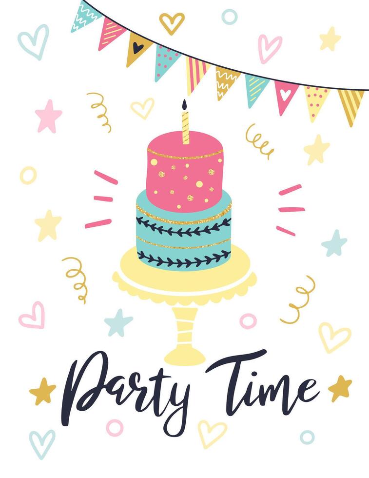 Colorful birthday cake with a lit candle sitting on a cake stand, surrounded by festive decorations and the words Party Time, creating a cheerful and celebratory atmosphere vector