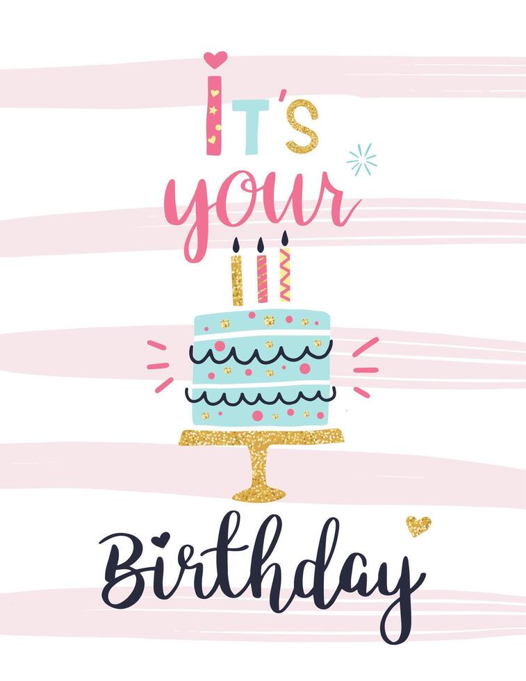 Light blue birthday cake with three lit candles sitting on golden cake stand celebrating someone's birthday with pink and gold decorations and text wishing happy birthday vector