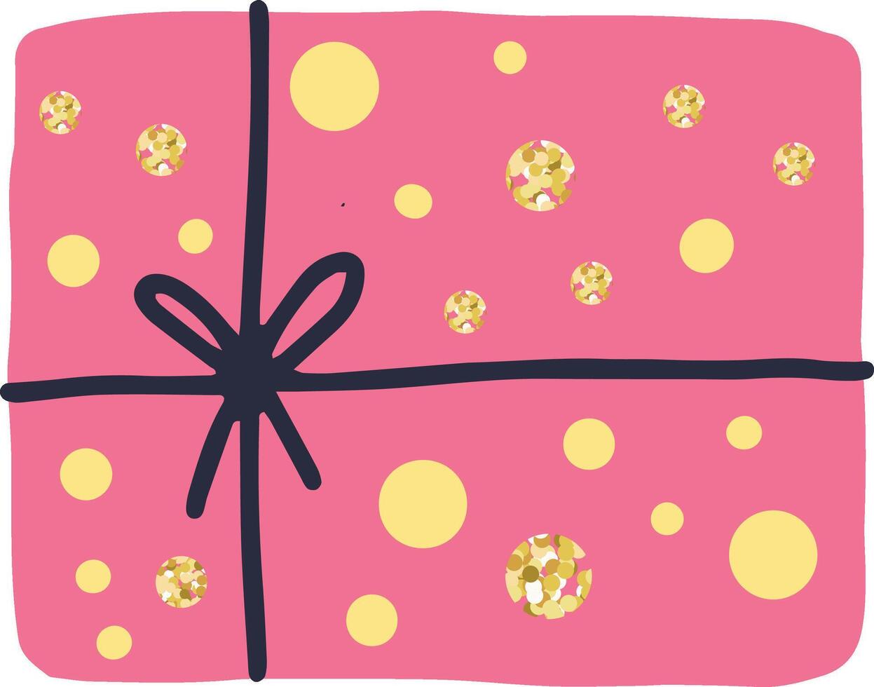 Pink gift box adorned with shimmering gold glitter and a dark ribbon, waiting to be unwrapped for a birthday or Christmas celebration, offering a festive surprise in a simple illustration vector