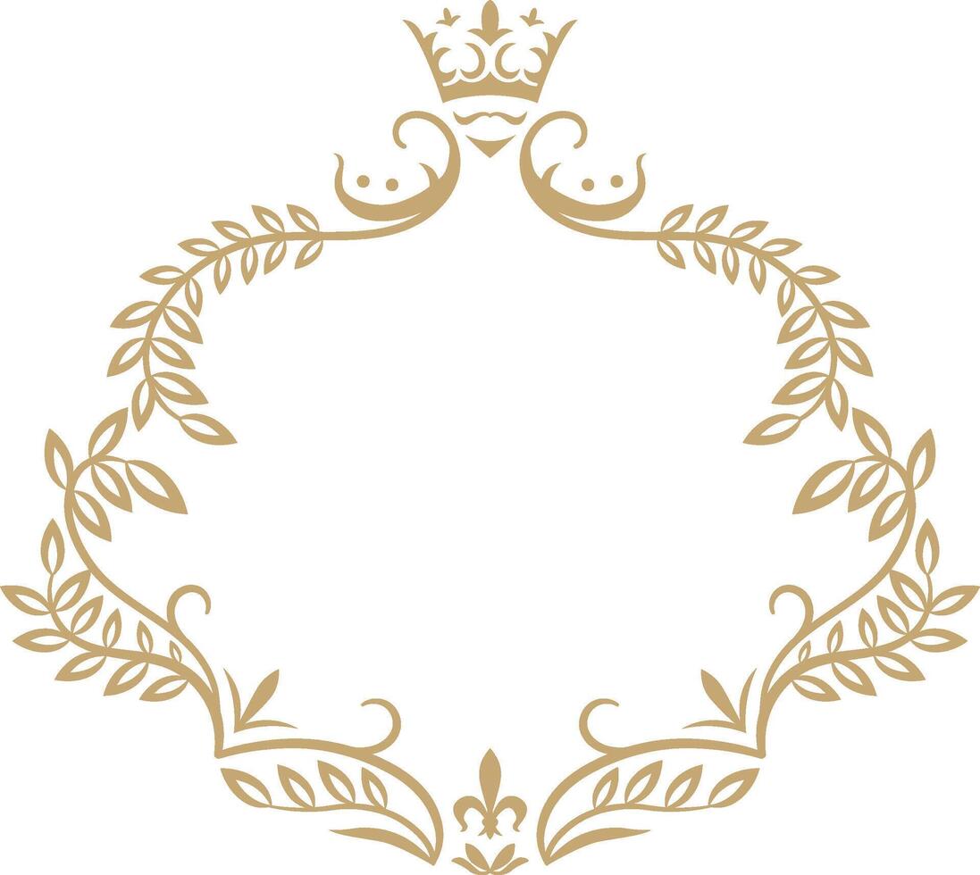 Golden frame adorned with a crown, leaves, and fleur de lis, offering an elegant and royal decoration ideal for enhancing various design projects and invitations vector