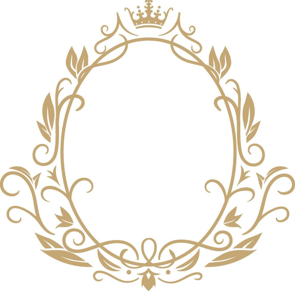 This elegant gold floral oval frame features a crown embellishment, creating a regal and sophisticated design perfect for invitations, logos, or any project needing a touch of royal elegance vector