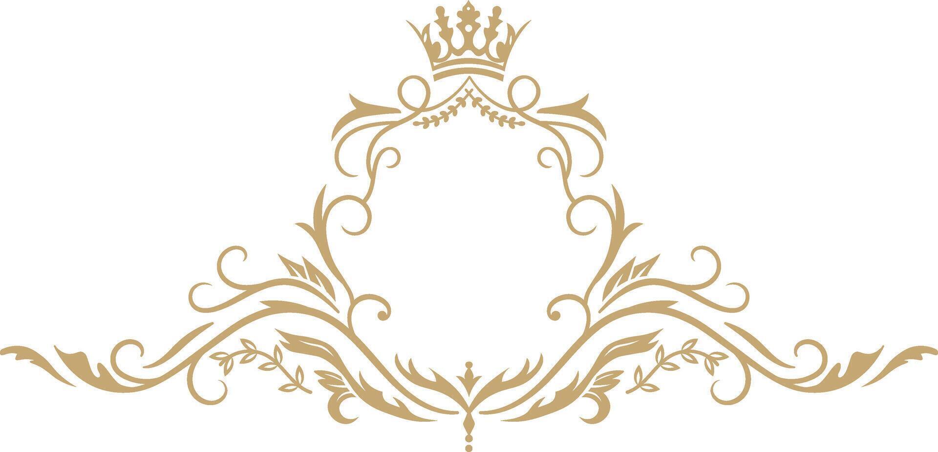 This golden floral ornament with a majestic crown creates a luxurious and elegant frame, perfect for adding a touch of sophistication and royalty to any design vector