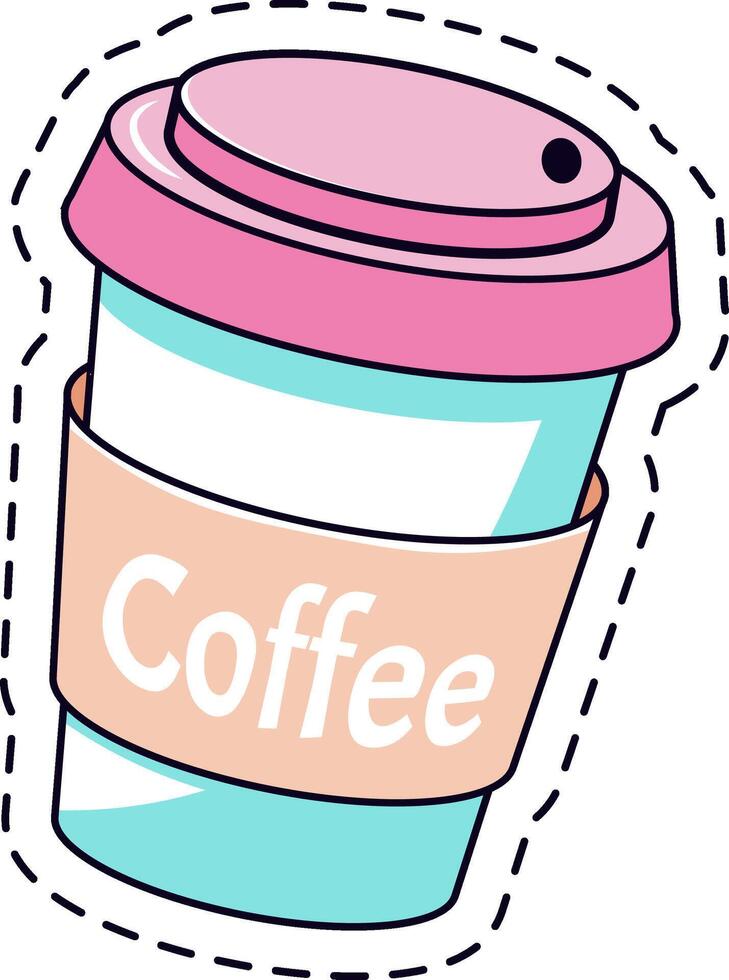 Disposable coffee cup with pink lid and protective sleeve with dashed line, ideal for representing coffee breaks, takeout beverages, and modern cafe culture vector