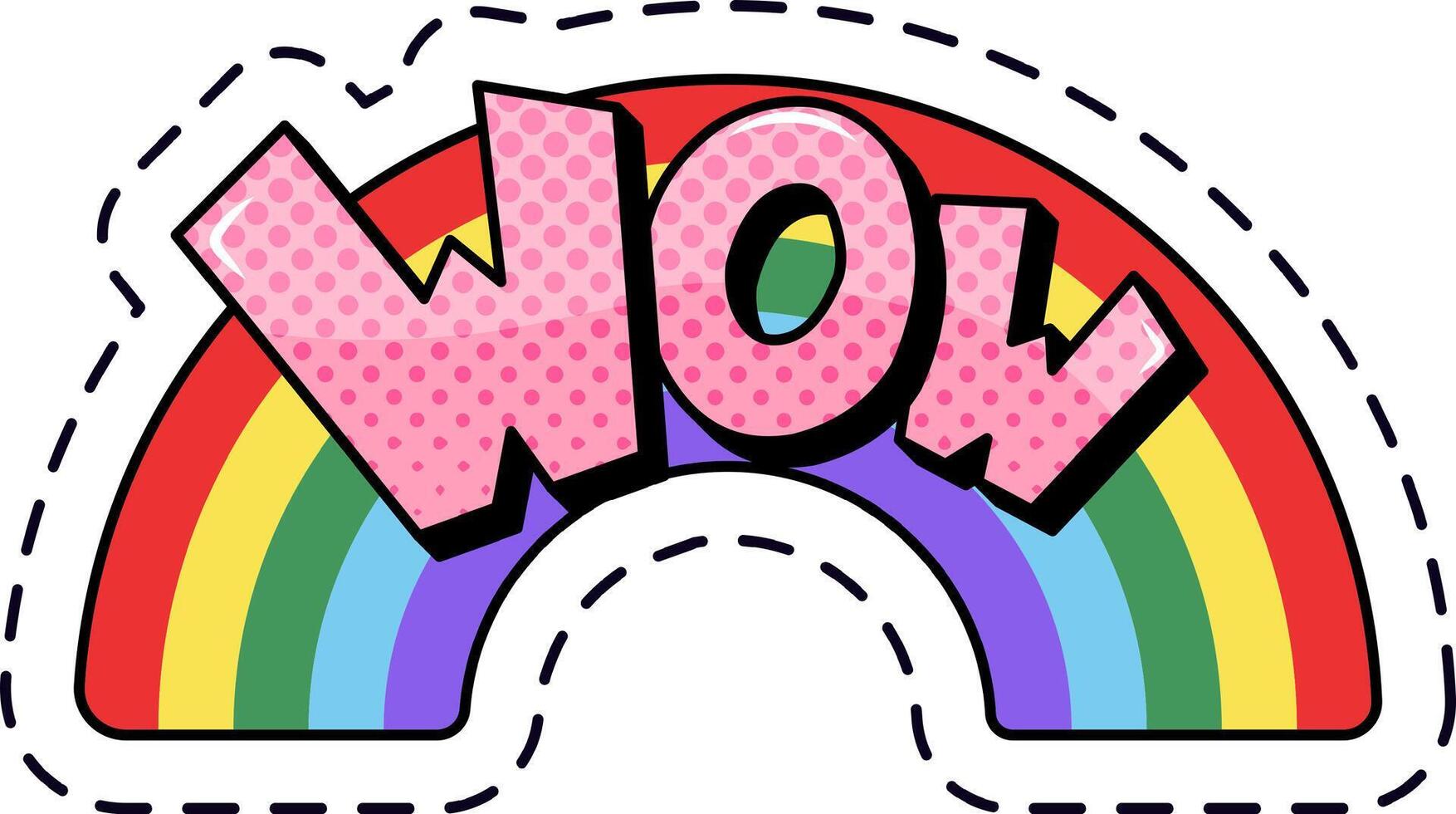 Bright pink wow pop art lettering set against a vibrant rainbow, surrounded by a dotted background and bordered with playful dotted lines, capturing feelings of surprise and amazement vector