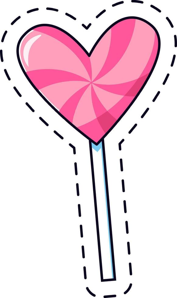 Pink heart shaped candy lollipop with spiral lines and dotted border suggesting a sticker, isolated on a white background, is a sweet treat perfect for Valentine's Day or any romantic occasion vector