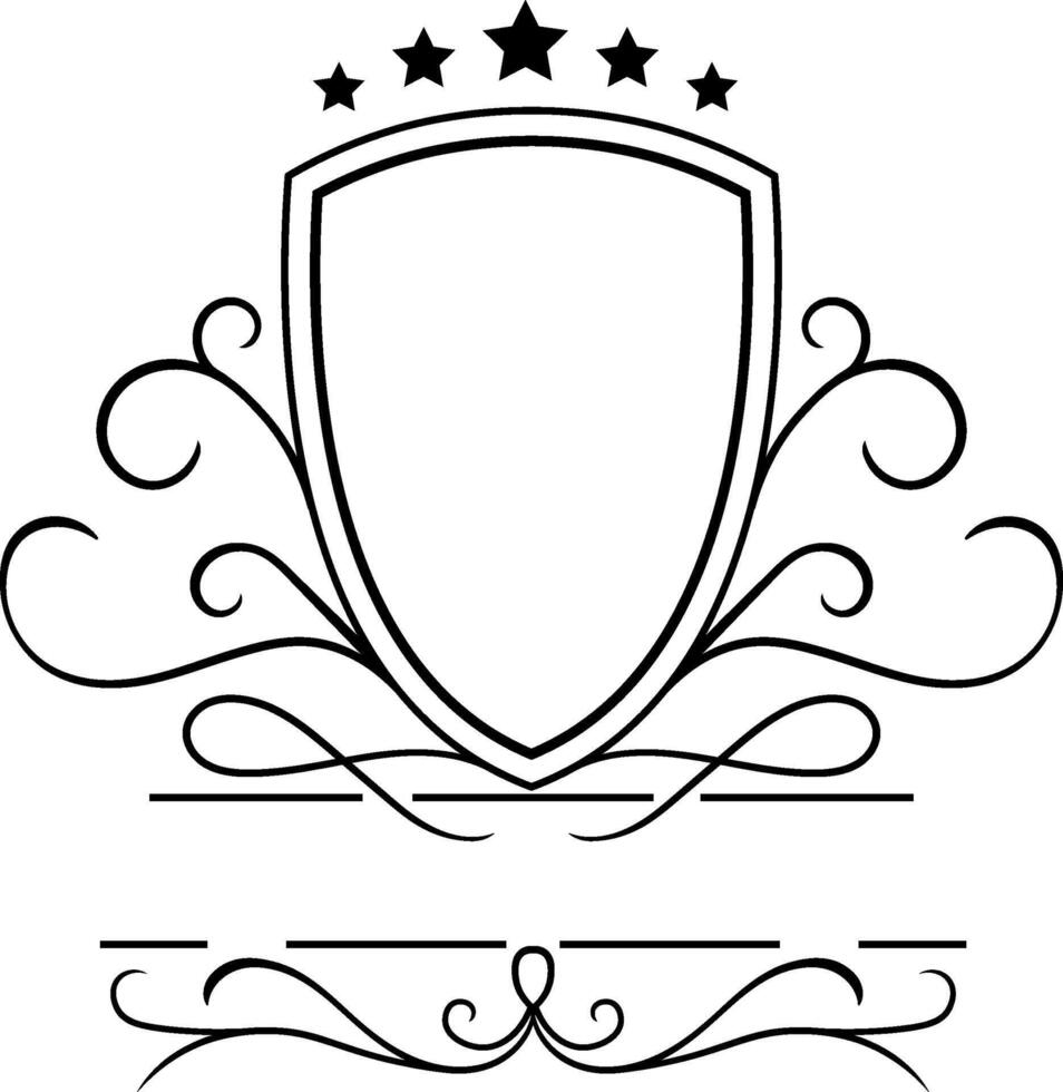 Classic badge design featuring a shield with five stars at the top and elegant swirls on each side, creating a sophisticated and timeless emblem vector