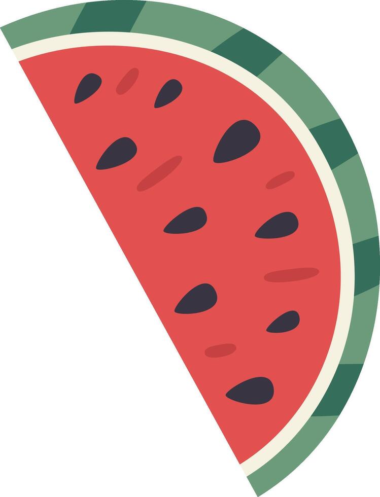 Cartoonish illustration of a slice of watermelon with visible seeds, rind and pulp, isolated on white background, representing summer, freshness and healthy eating vector