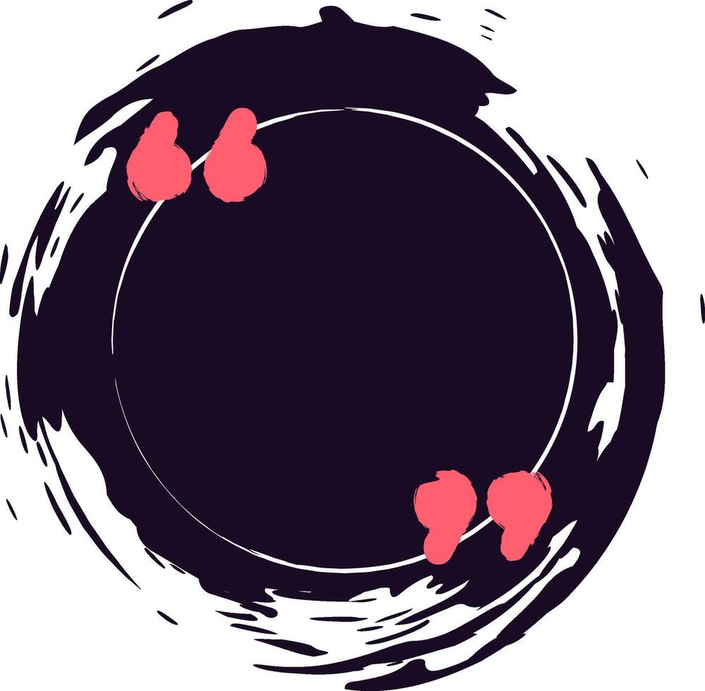 Round black frame adorned with pink quotes and grunge brushstrokes, creating a stylish border around empty space ideal for testimonials, reviews, text, or quotes vector
