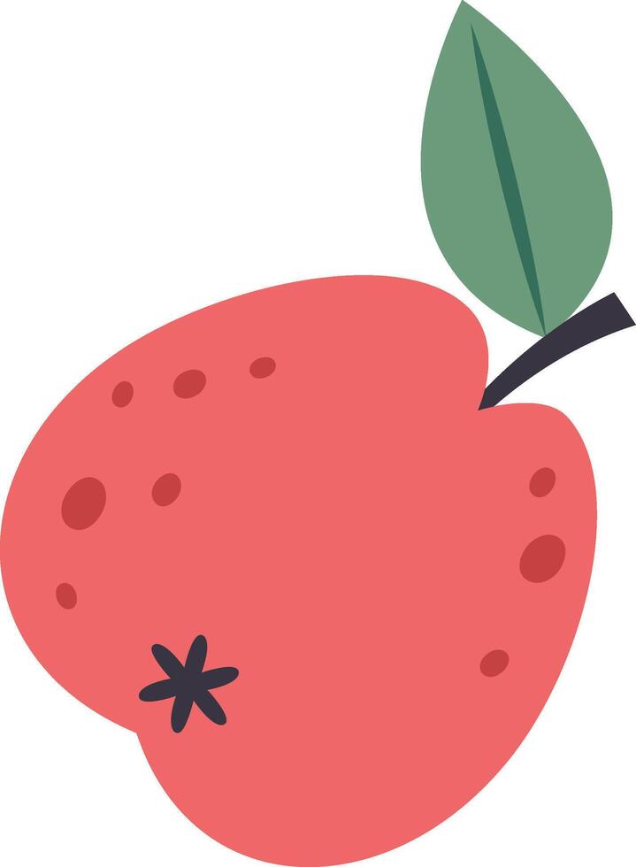 Minimalist illustration of a ripe red apple with leaf and stem, showing small dark spots, isolated on white background, representing concepts of aging, imperfection, and natural beauty vector