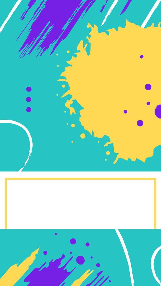 Vibrant turquoise, yellow, and purple brush strokes and splatters create a dynamic abstract design with a central white frame for text or other content vector