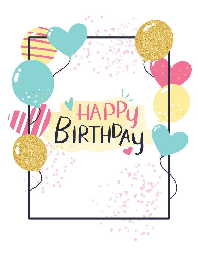 Colorful balloons and confetti floating around a happy birthday greeting card, creating a festive and cheerful atmosphere for a birthday celebration vector