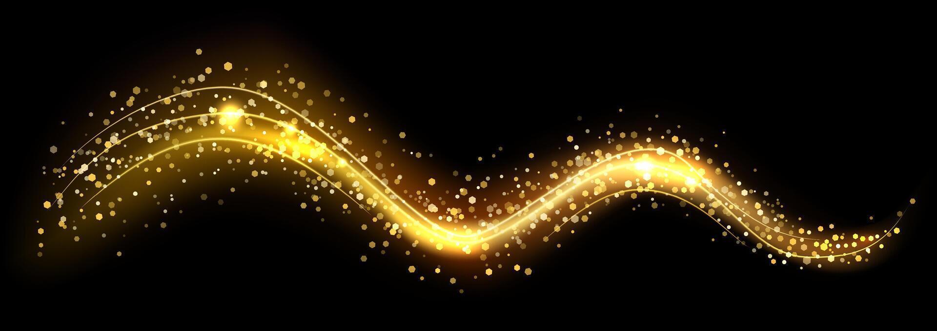 Dynamic waves of golden light and sparkles flowing across a dark background create vibrant energy and motion, enhanced by shimmering particles in an abstract design vector