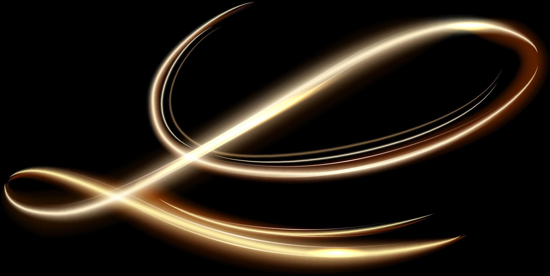 Golden light trails swirling and flowing on black background creating an elegant and abstract design, perfect for luxury, technology, or futuristic themes vector