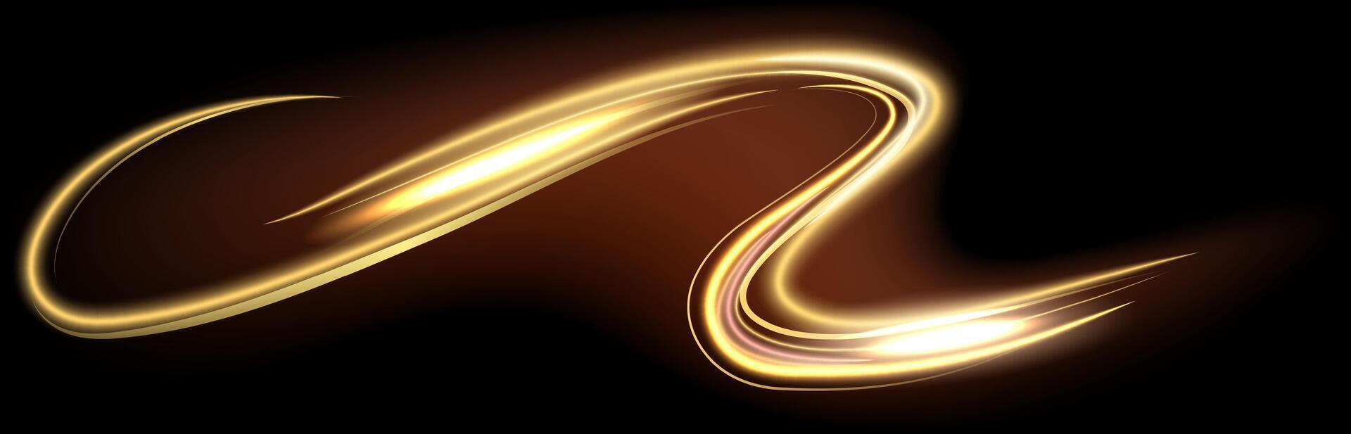 Swirling golden light effect forming a dynamic and elegant design element, perfect for adding a touch of luxury and sophistication to any project on a black and brown background vector
